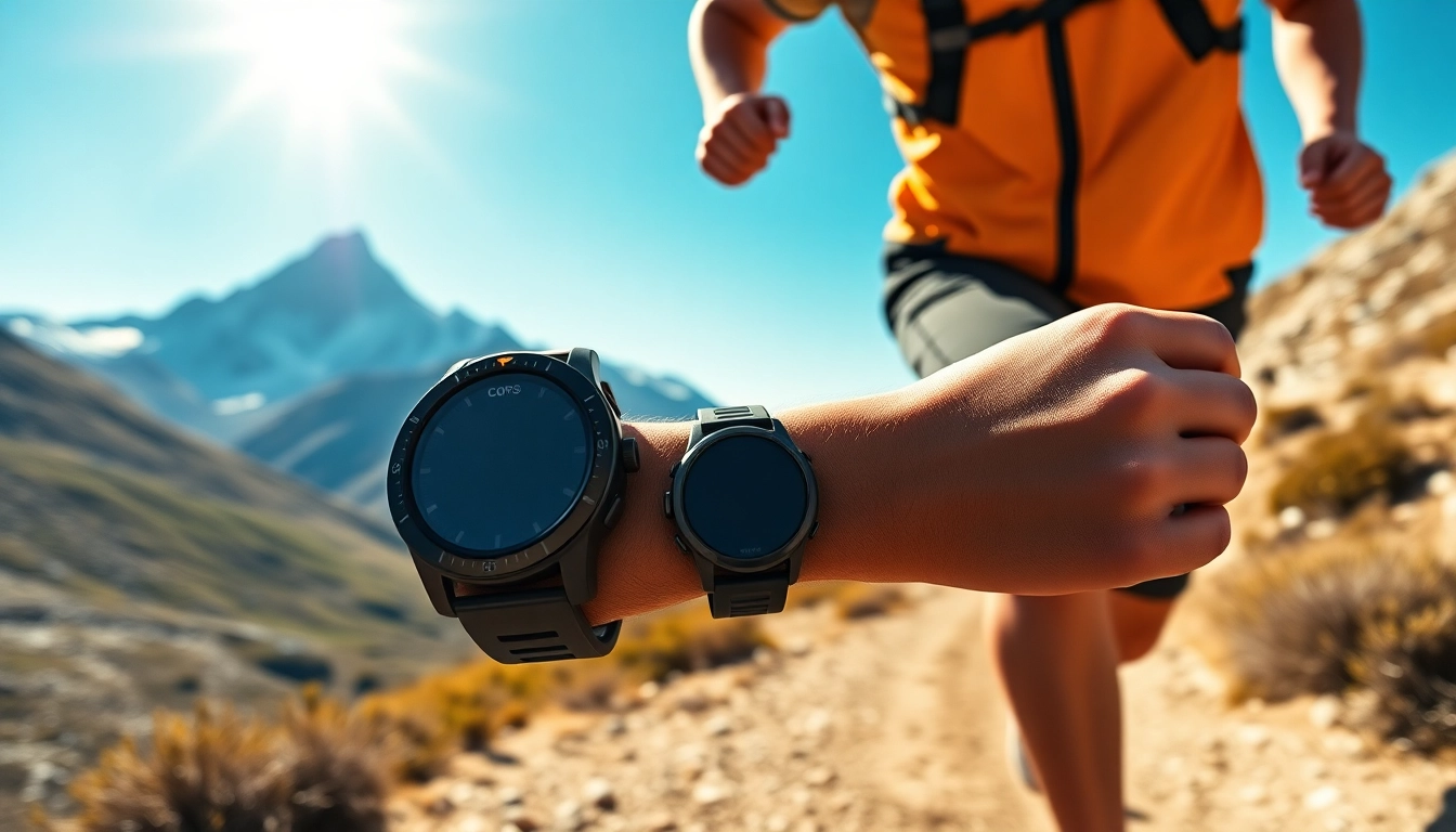 Runner using Coros GPS watch in a stunning mountain landscape during daylight.