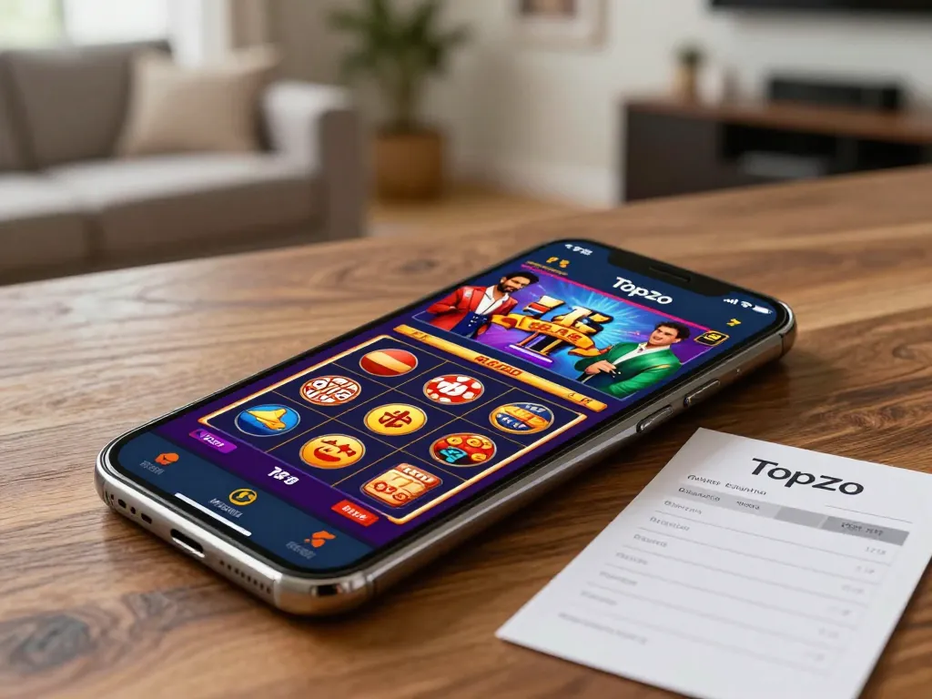 Player exploring Topzo app for engaging online gambling experience in a cozy home.