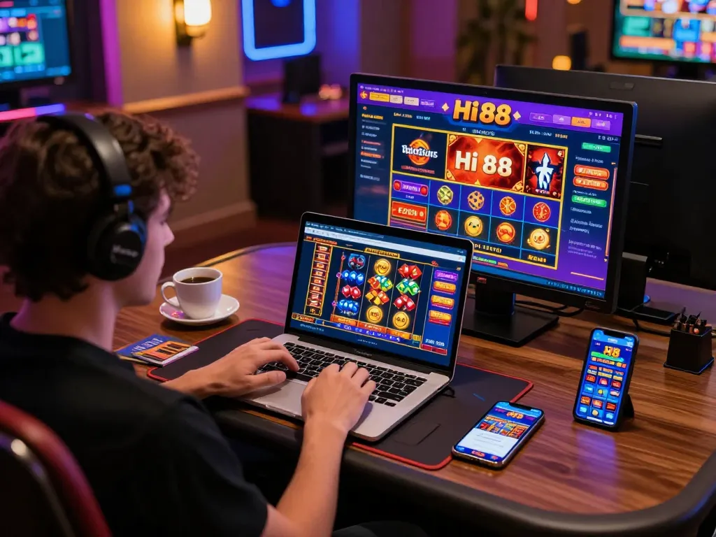 Engaging online gaming scene featuring Hi 88 platform with person at laptop, showcasing vibrant gameplay.