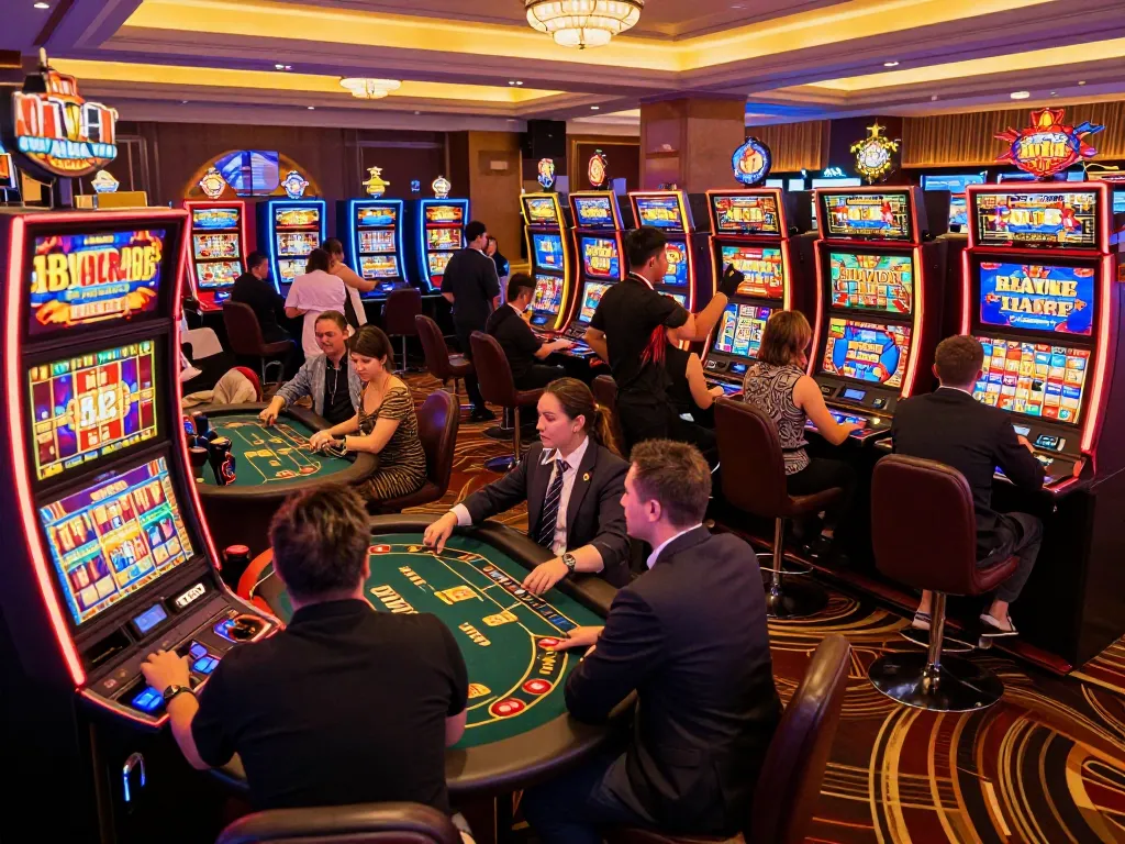 Excited players engaging with vibrant slot machines at Max88 casino amidst a festive atmosphere