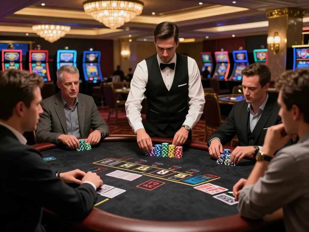 Experience thrilling blackjack gameplay at ve88 casino with professional dealer and excited players.