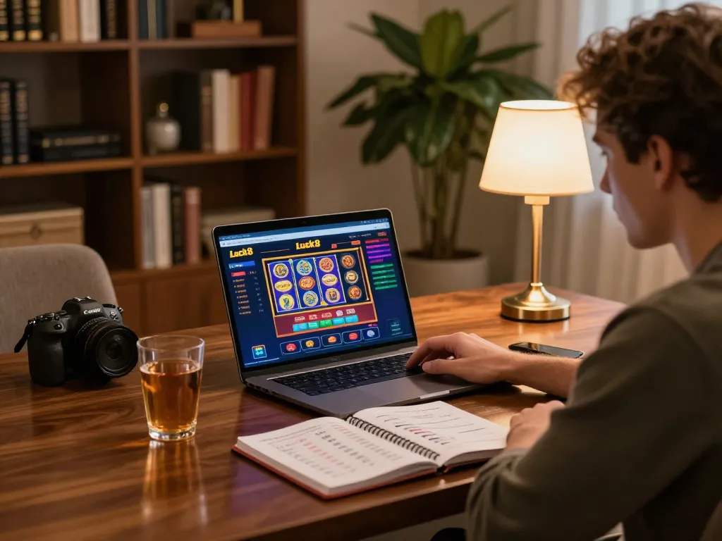 Engaging in strategic online gaming at Luck8 with laptop and betting notes.