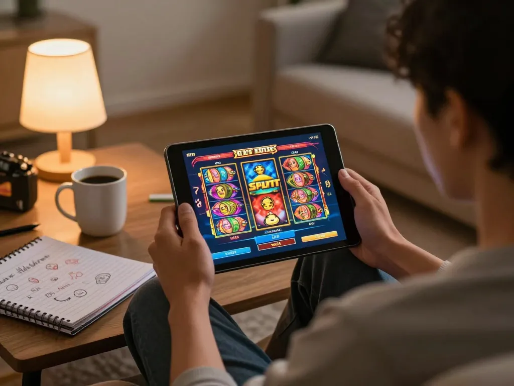 Engaging in Slot Malaysia online gaming on a tablet in a cozy home setting.