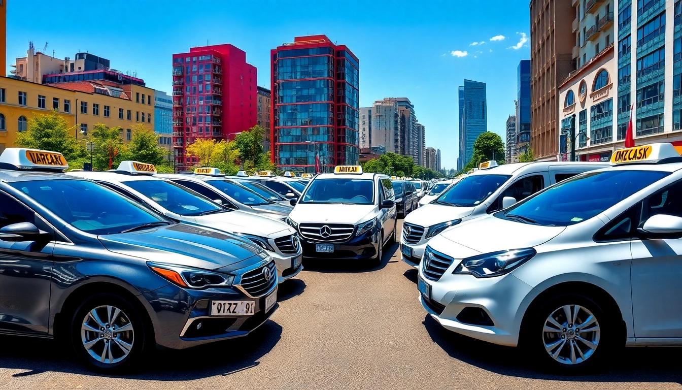 Minicabs lined up in a busy urban street showcasing a variety of vehicles and vibrant city life.