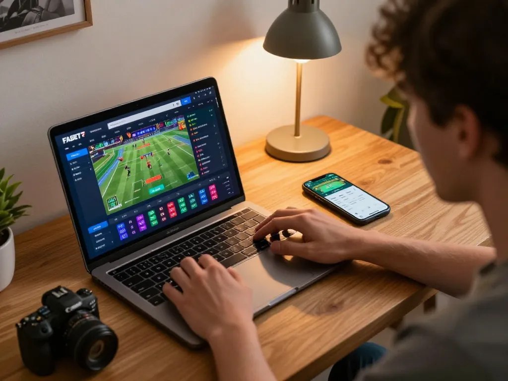 Engaging in sports betting on FABET platform using laptop and smartphone in cozy setup