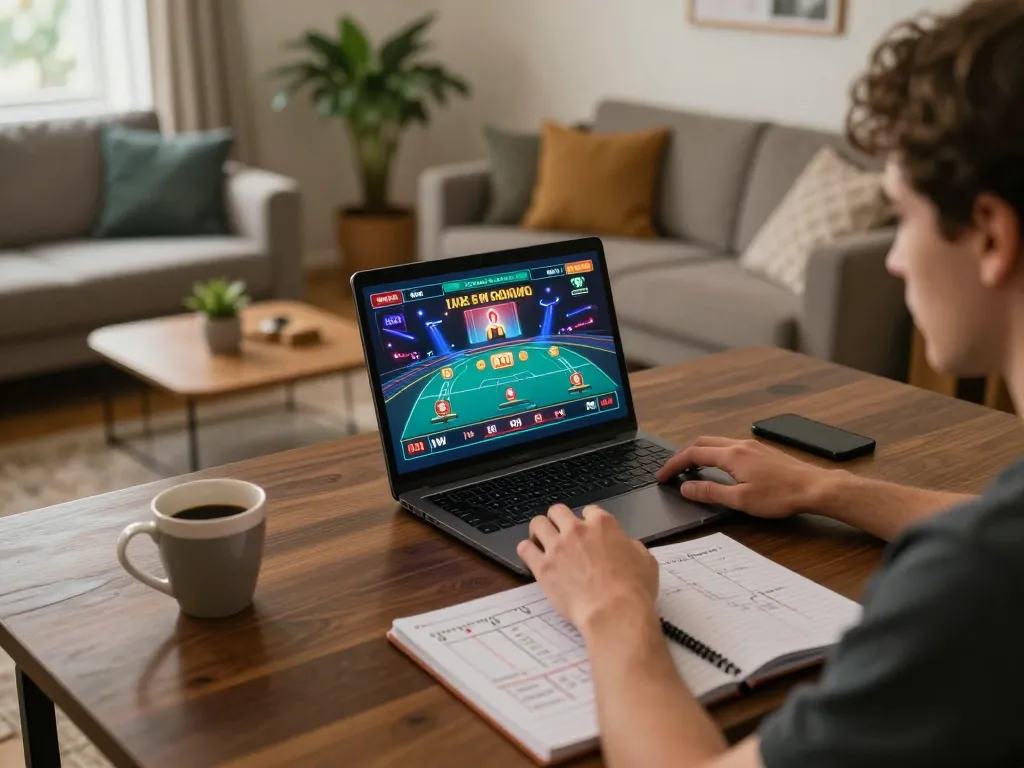 Win68 user immersed in online casino gaming, strategizing with drinks and notes nearby