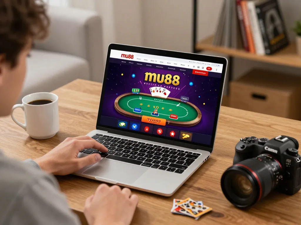 Experience thrilling gameplay on mu88 with a cozy home setup featuring a laptop and poker interface.