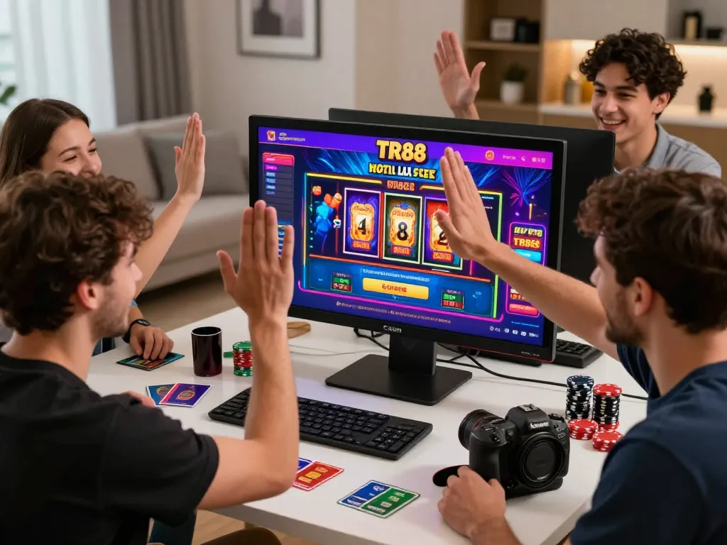 Exciting TR88 online gambling scene with players celebrating a win, showcasing immersive gaming experience.
