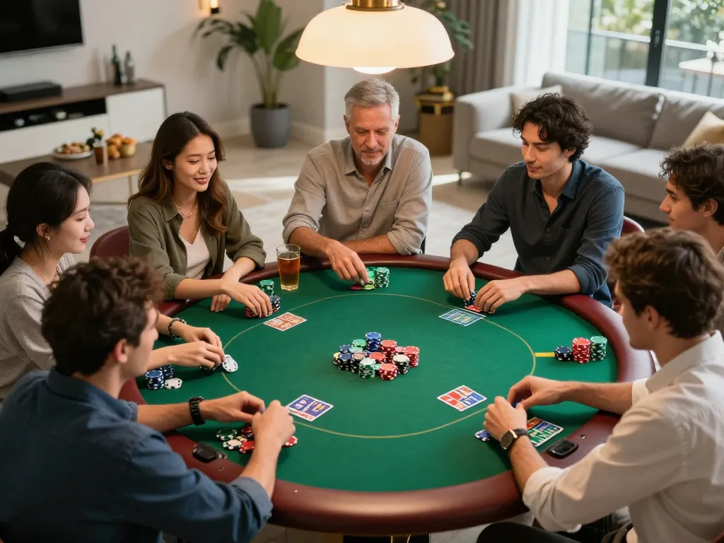 Players enjoying a spirited poker game at home, showcasing Ko66's engaging gambling experience.