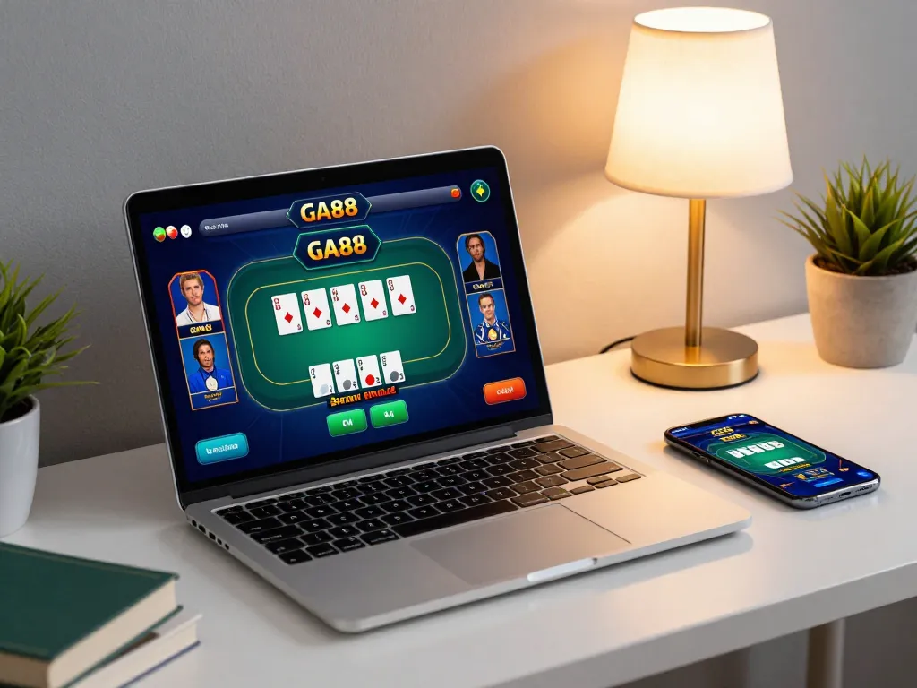 Engaged player enjoying GA88 poker game on a sleek laptop, promoting online gambling strategy.