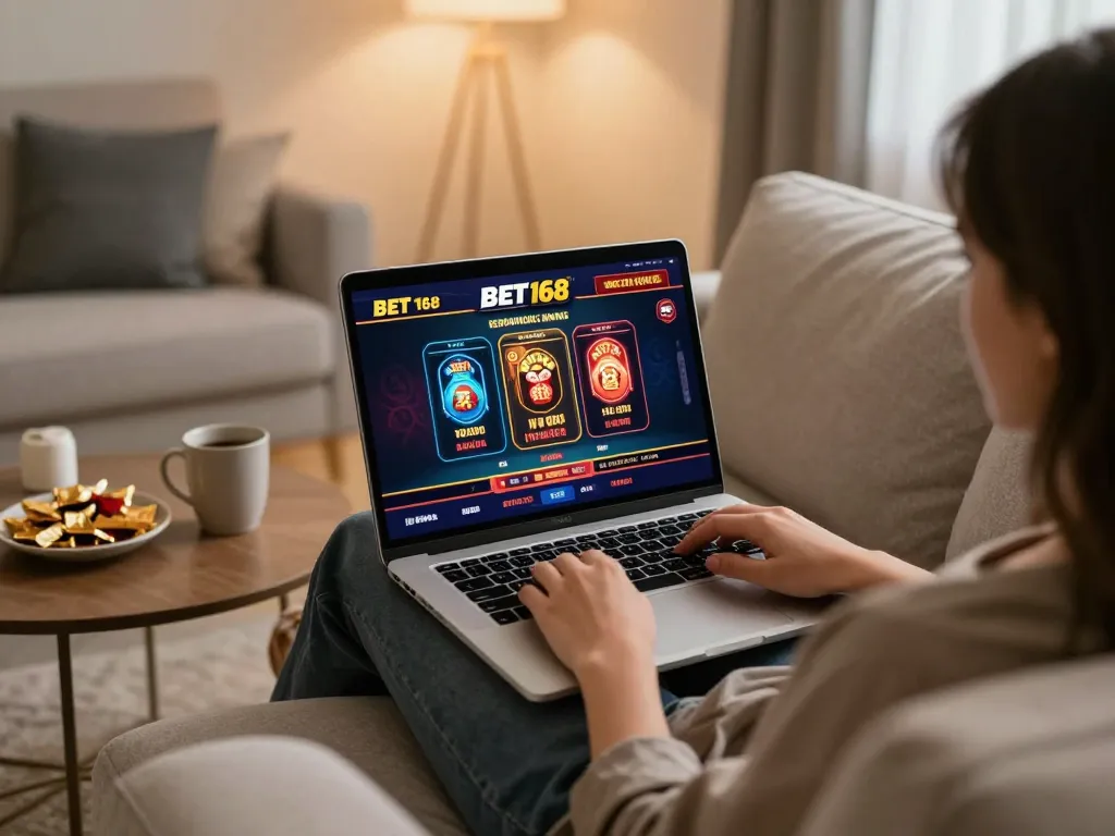 Engaging with BET 168's online casino in a cozy home environment, showcasing strategic gameplay and responsible gambling.