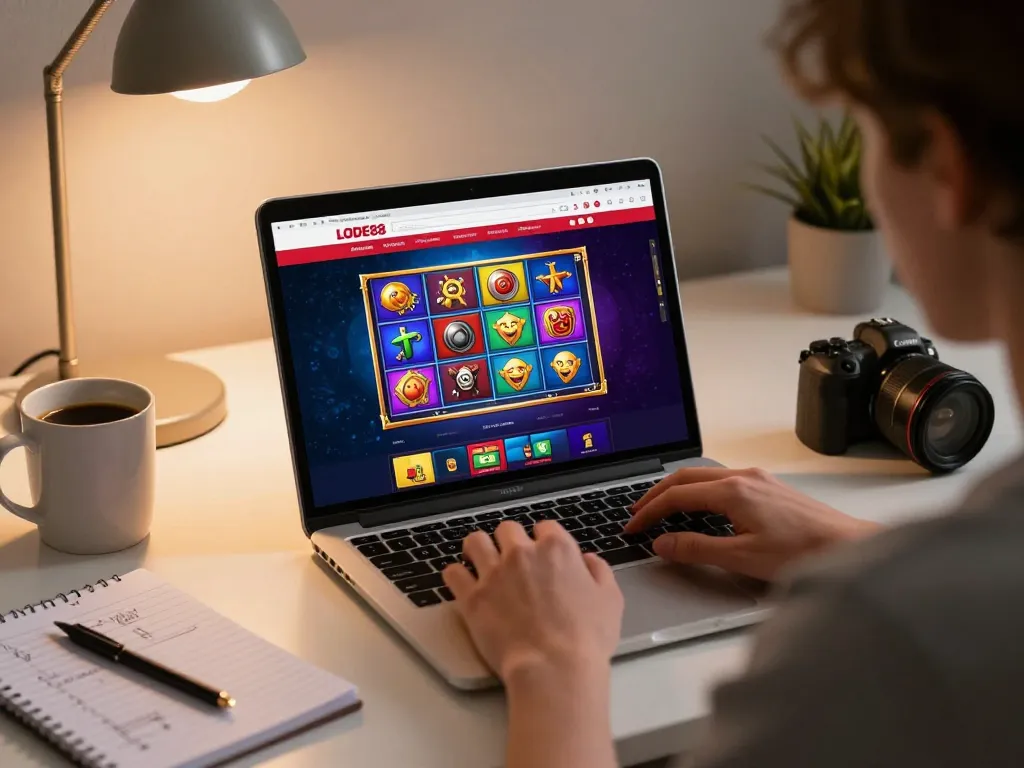 Engaging user enjoying online gambling at LODE88 with a vibrant slot game displayed on laptop