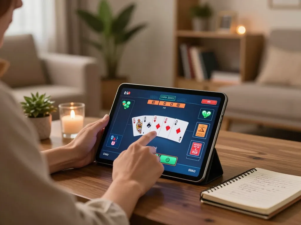 Engaging with online poker at home using NOHU90 COM on a tablet, surrounded by strategic notes and cozy decor.