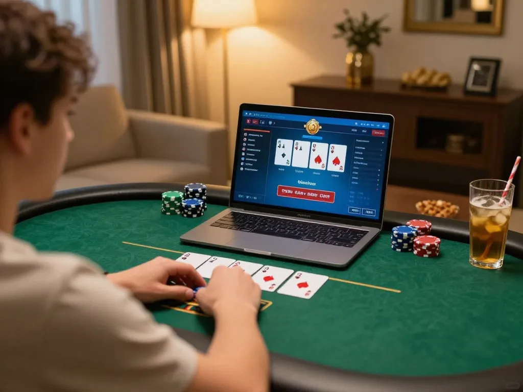 Players enjoying TR88 online poker with chips and cards in a cozy home setting.