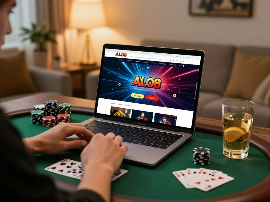 Player immersed in online gaming on ALO8, engaged with poker chips and warm ambiance.