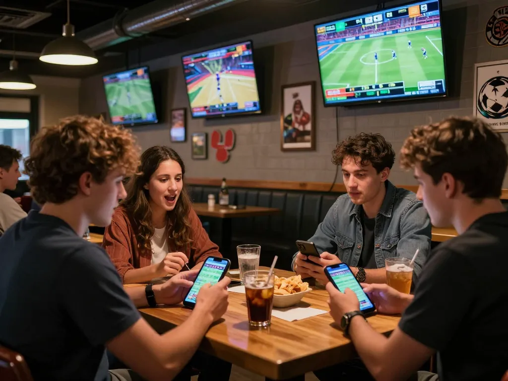Fans placing bets on KU88 mobile app while enjoying a sports game in a vibrant bar atmosphere.