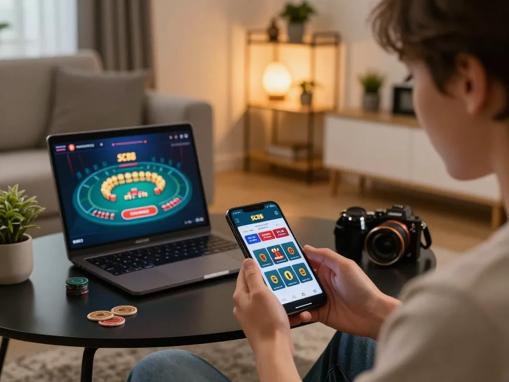 Person engaged with SC88 mobile casino app in a cozy home setup, showcasing online gaming experience.
