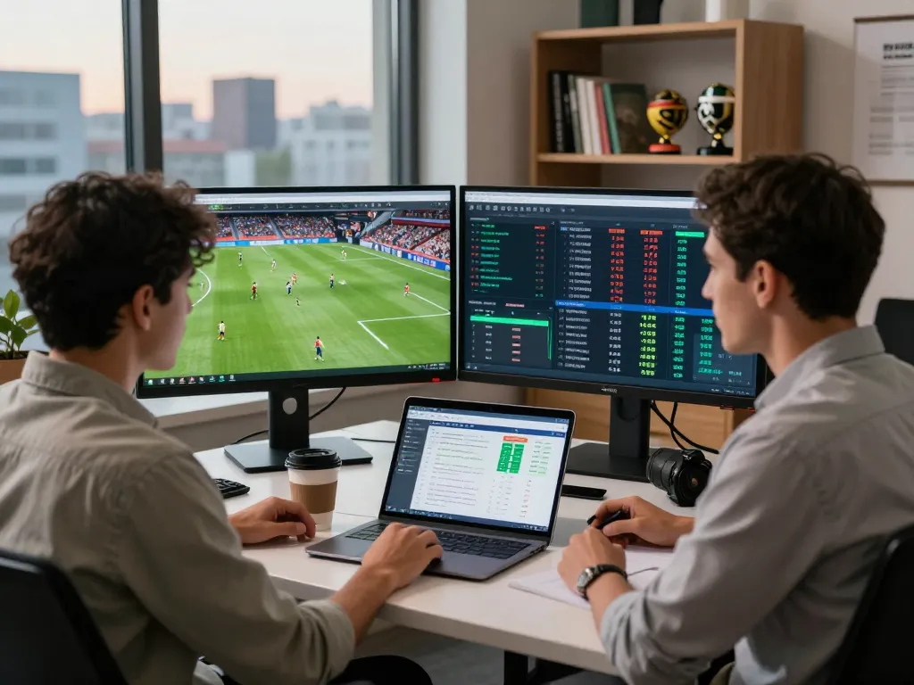 Nowgoal user analyzing live soccer data in a modern office setup with sports statistics on screens.