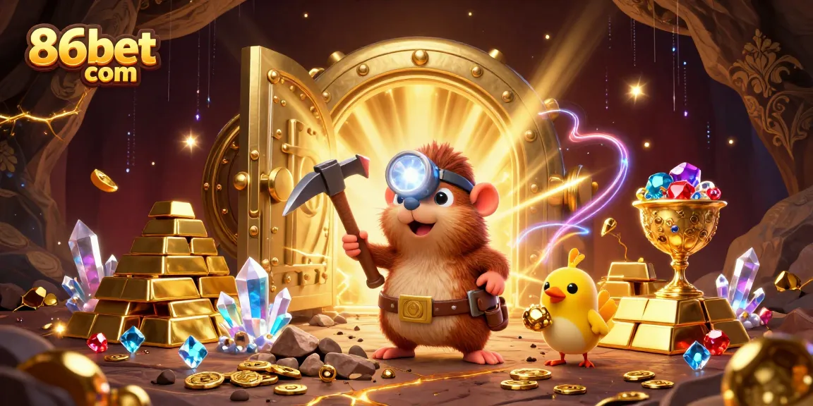 Win big at 86bet com with a vibrant treasure-themed gaming illustration featuring exciting casino elements.