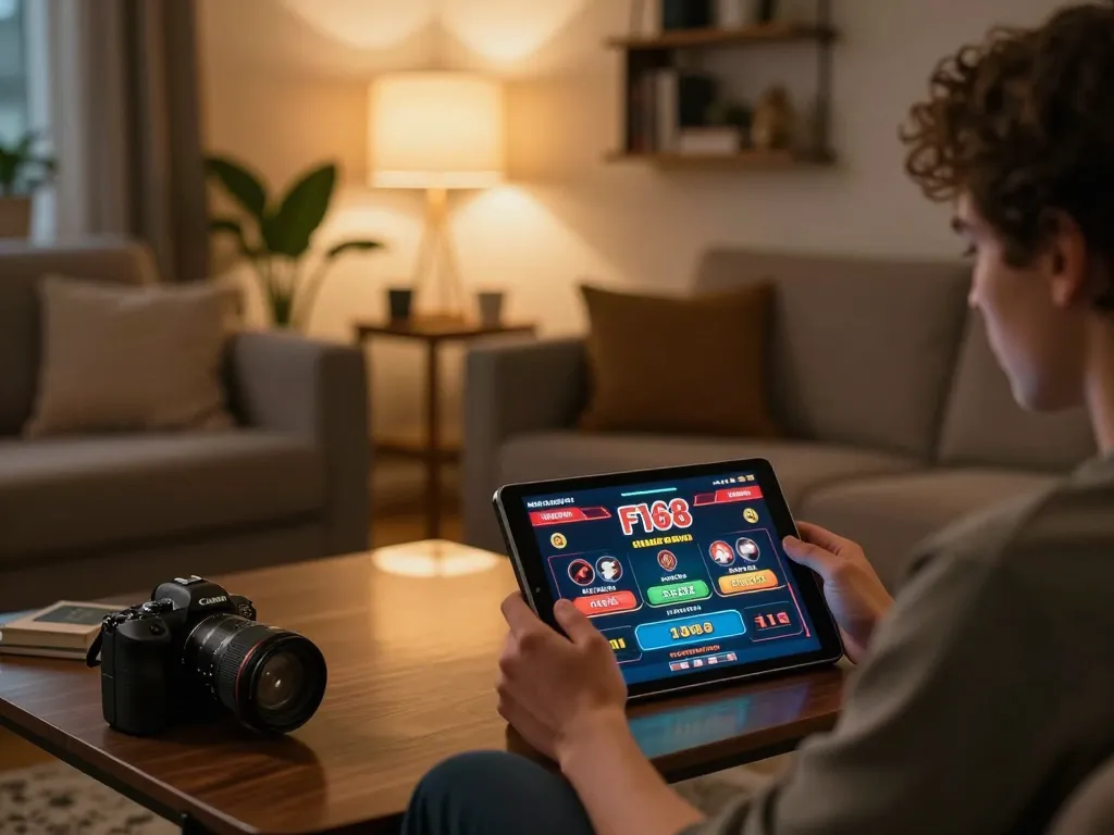 Individual engaged in online gaming at F168 casino app on a tablet in cozy home setting.