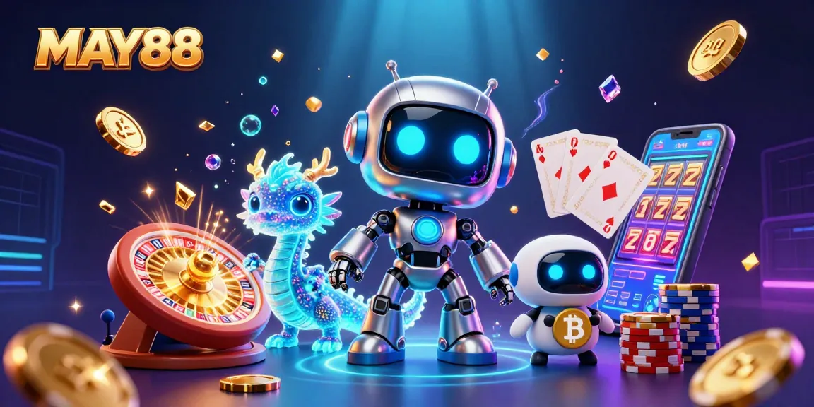 MAY88 showcases a vibrant casino scene with a neon robot, holographic dragon, and drone, celebrating gaming.