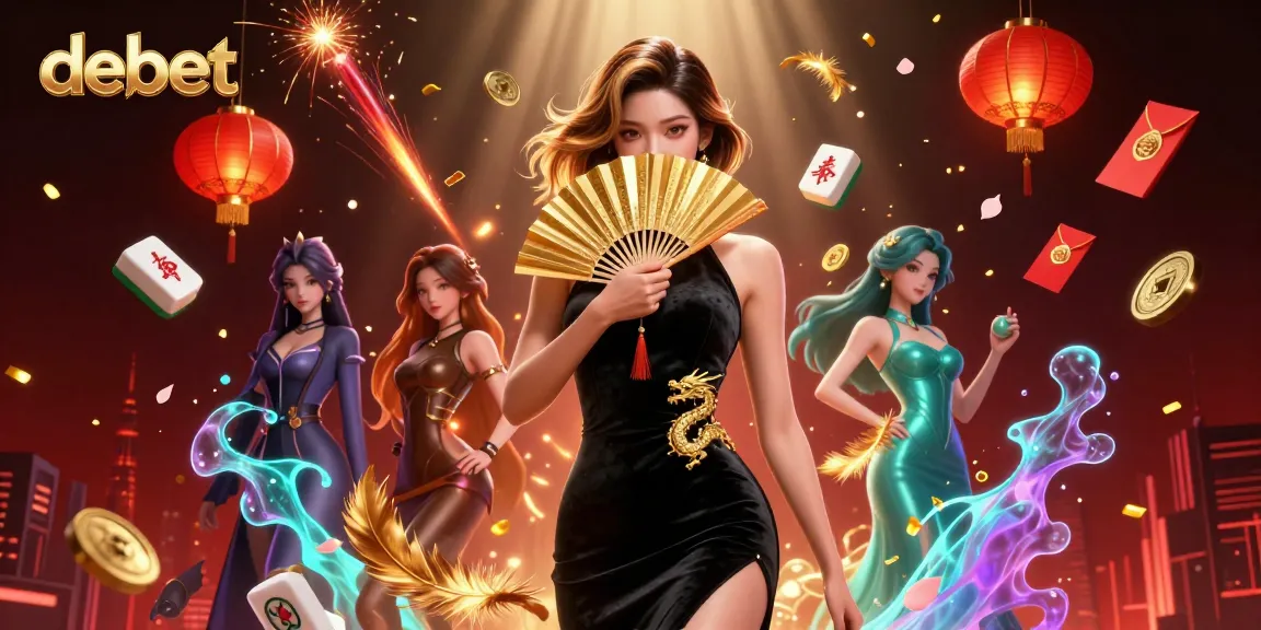 Experience the allure of debet's vibrant casino world, showcasing a stunning Asian woman among dynamic gaming elements.