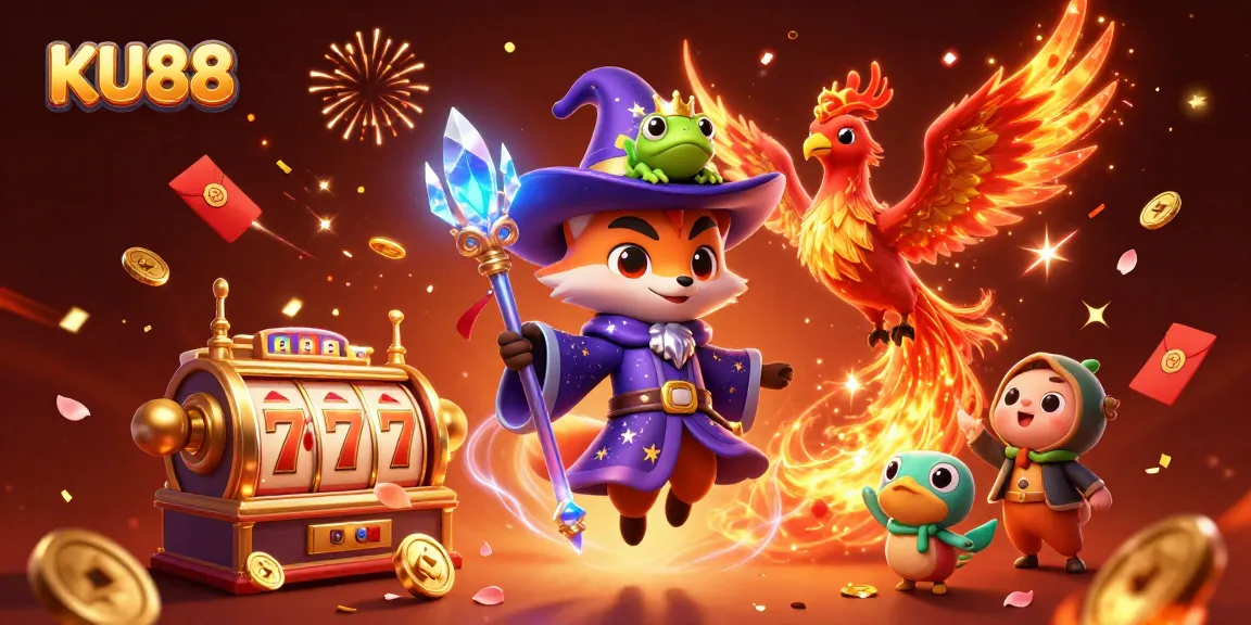 Bet on exciting jackpots and slots at KU88 featuring a mystical wizard fox and dynamic elements.