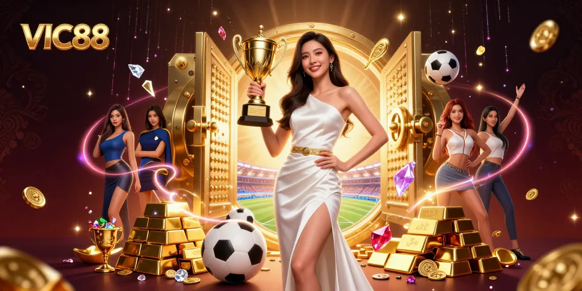 VIC88 sports betting this stunning Asian woman celebrates her win with a trophy amidst golden riches.