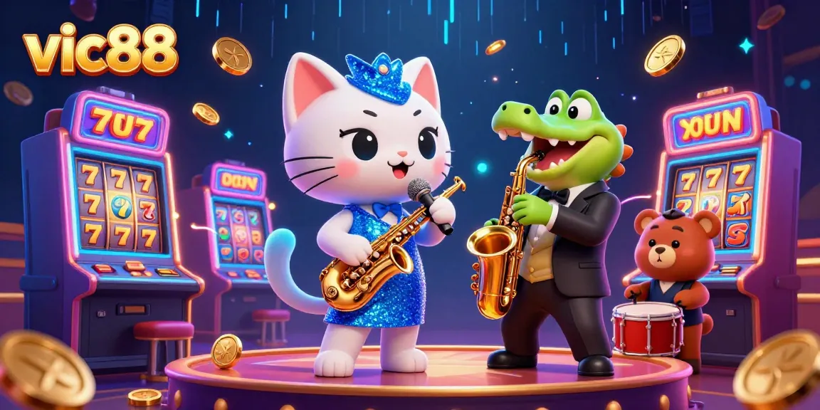 Win big at vic88 with exciting casino adventures showcased in a vibrant 3D illustration.