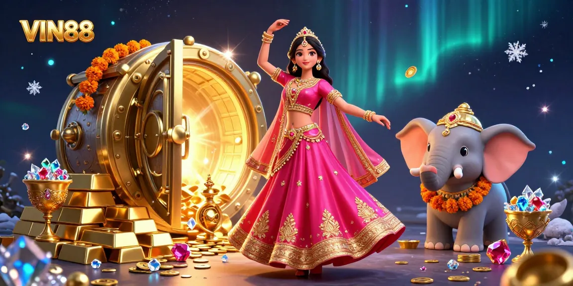 Experience immersive gaming action with VIN88, featuring a dazzling Bollywood dancer and treasure elements.