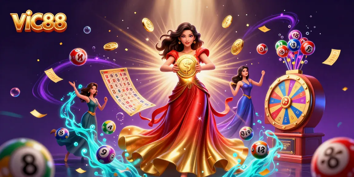 Experience thrilling wins at VIC88 with vibrant 3D illustration of a beautiful woman holding a golden coin amidst a colorful casino scene.