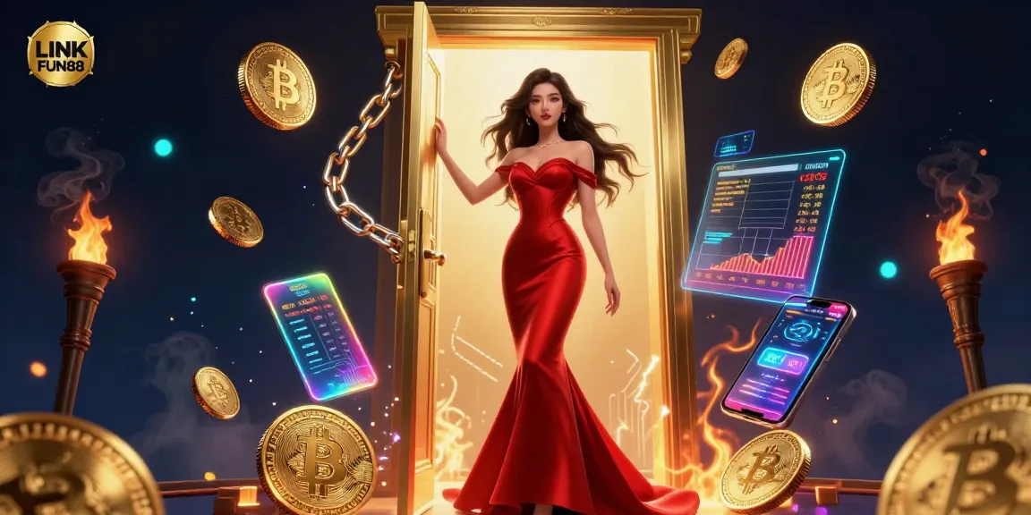 Engage in thrilling gameplay with LINK FUN88 at this vibrant casino illustration featuring a stylish atmosphere and crypto elements.