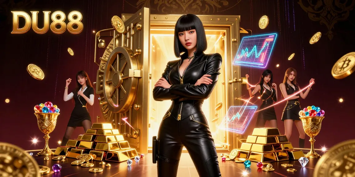 Engage with DU88's thrilling gaming experience surrounded by dazzling treasures and Bitcoin coins.