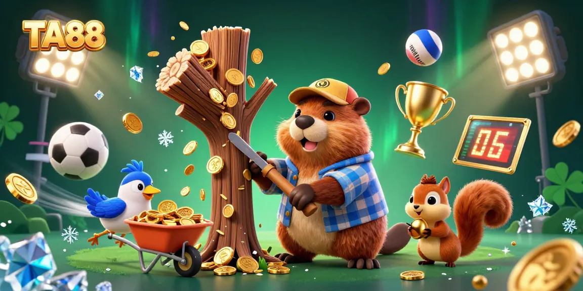 TA88 showcases a thrilling 3D scene of a beaver collecting coins among dynamic sports betting elements.