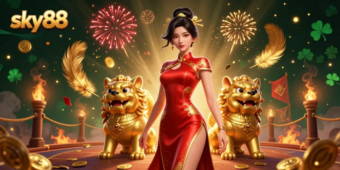 Experience thrilling sky88 casino action with a glamorous Asian woman, golden foo dogs, and vivid elements.