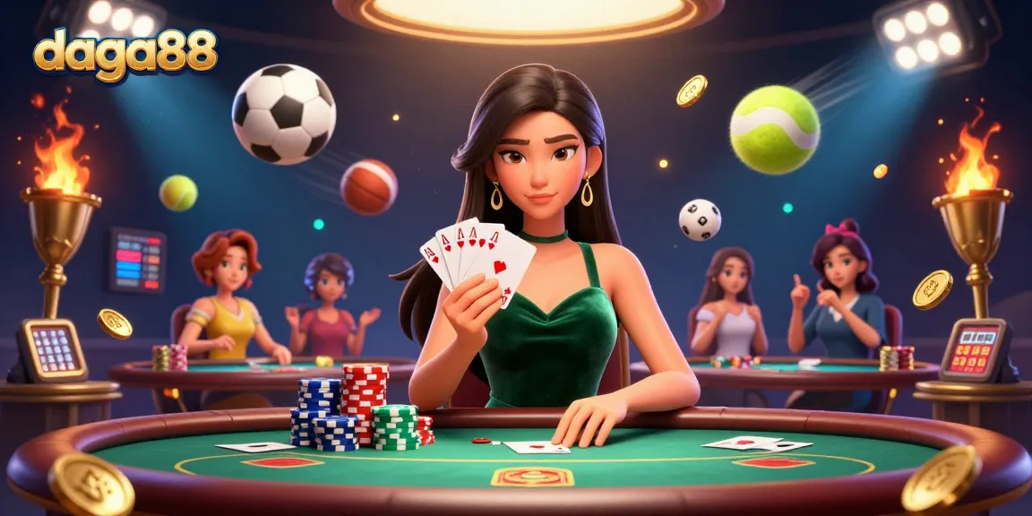 Daga88 offers dynamic online betting experience with a stunning casino scene featuring poker and sports elements