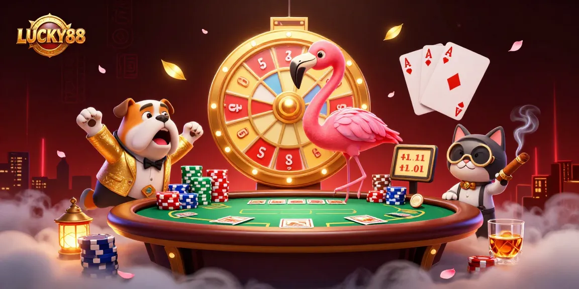 Engage with LUCKY88 in a vibrant casino scene featuring dynamic characters and gaming elements.
