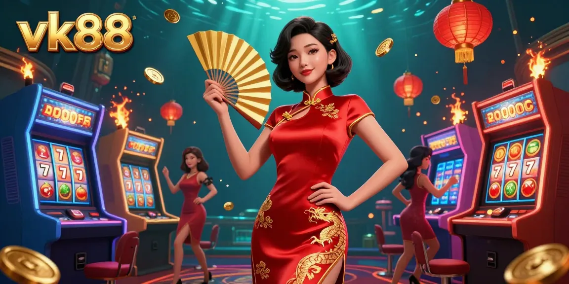 Win big at vk88 with a vibrant illustration of an Asian woman in a red qipao, surrounded by exciting casino games and gold coins.