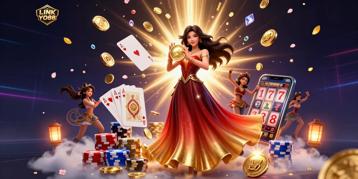 Play games and win with LINK YO88, showcasing stunning 3D casino elements and vibrant character designs.