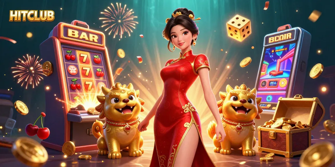 Engage in thrilling gameplay at HITCLUB featuring a stunning Chinese woman, vibrant slot machines, and sparkling fireworks.