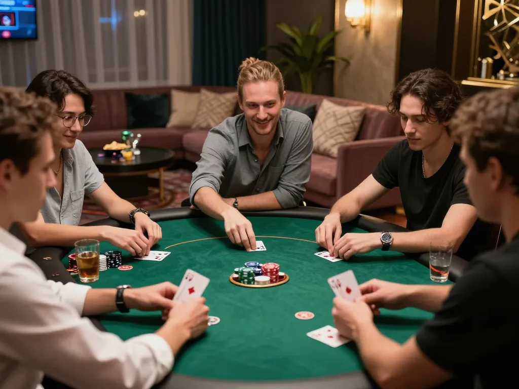 OLYMPUS88 players celebrating strategic wins at a poker game in a stylish home setting.
