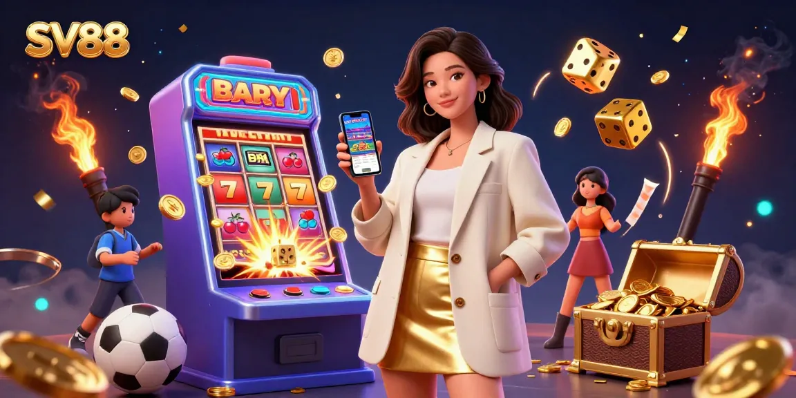 Experience thrilling betting with SV88, featuring a vibrant gambling scene including a beautiful woman and dynamic gaming elements.
