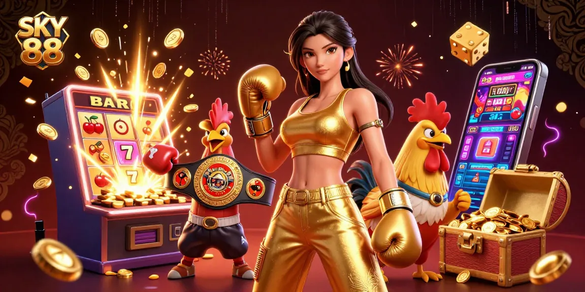 Experience thrilling action at SKY 88 with vibrant gaming elements and dynamic characters in a captivating casino scene.