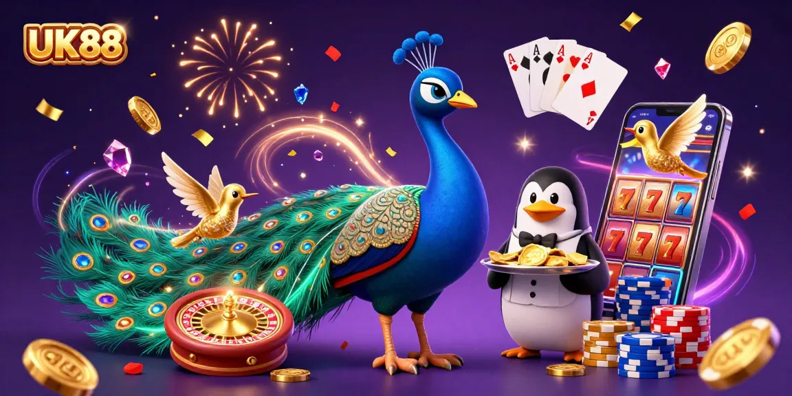Engage with UK88's vibrant casino atmosphere featuring a peacock, penguin, and hummingbird amidst golden chips and casino elements.