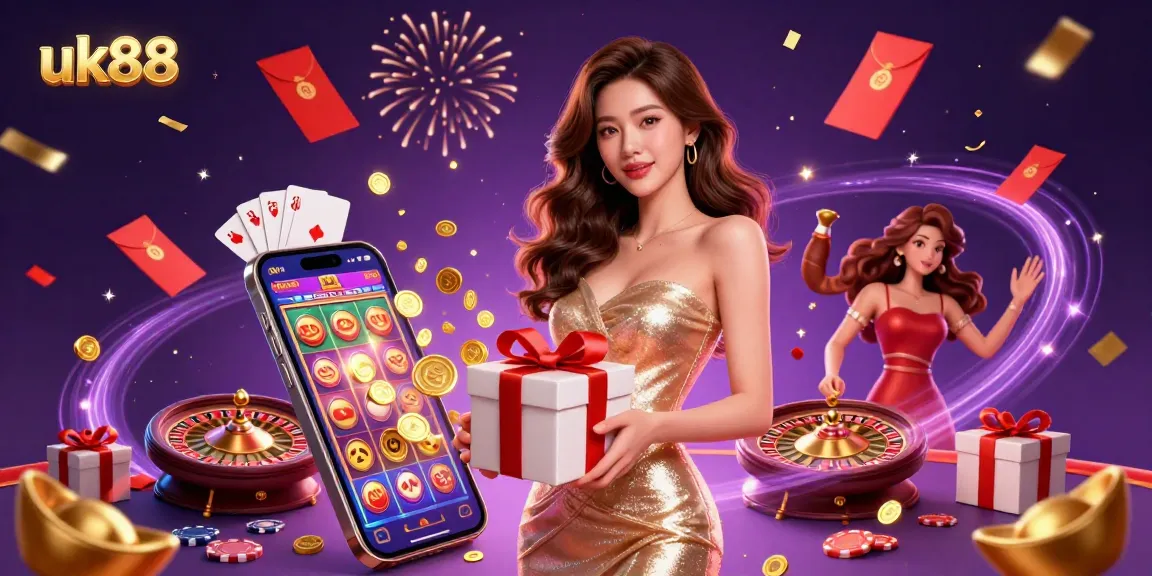 Spin to win at uk88 with a glamorous woman celebrating Lunar New Year in a festive casino scene.