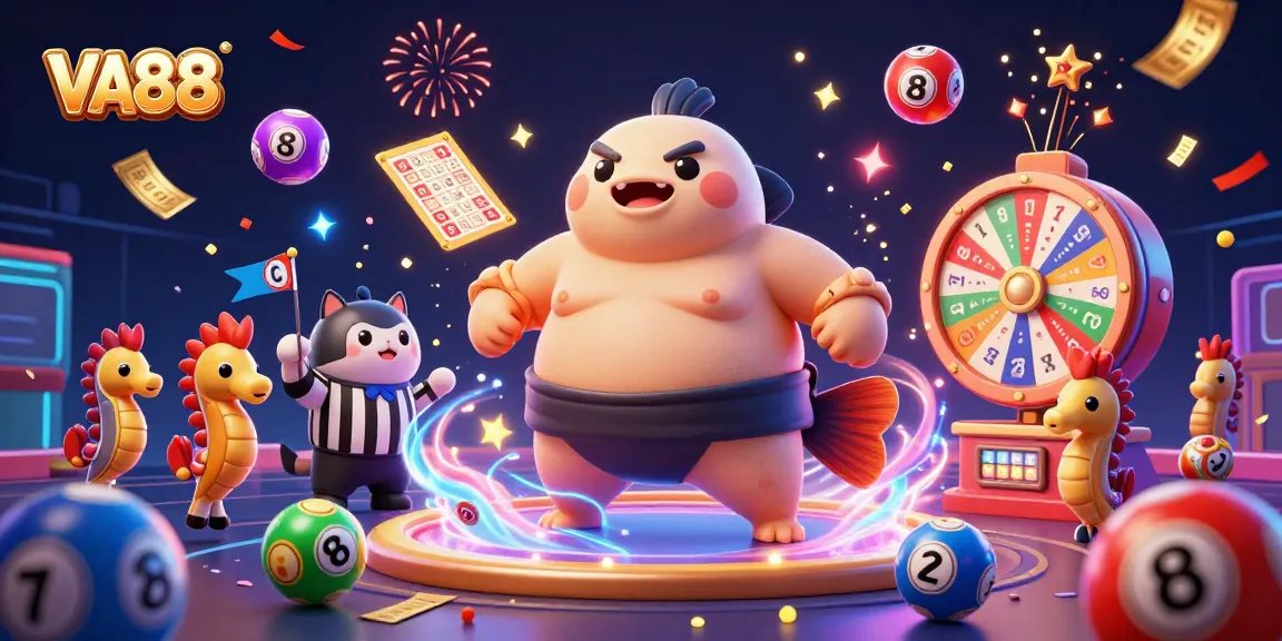 Experience the excitement of VA88 with a whimsical underwater casino scene featuring dynamic games and colorful lottery elements.