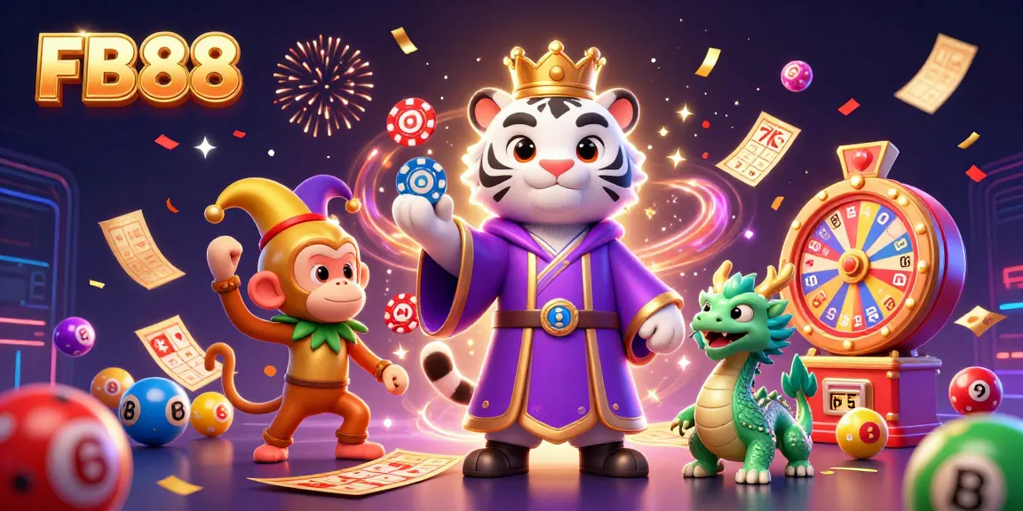 Engaging FB88 online casino scene featuring cartoon characters celebrating diverse games.