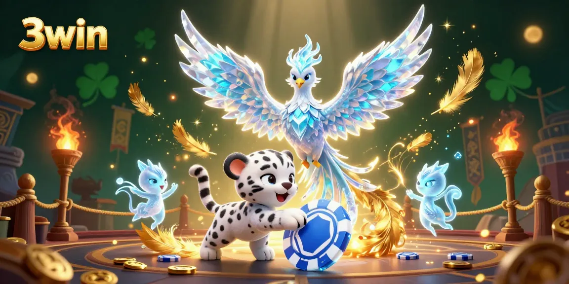 Join the 3win gaming adventure with an ice phoenix, snow leopard, and magical sprites.