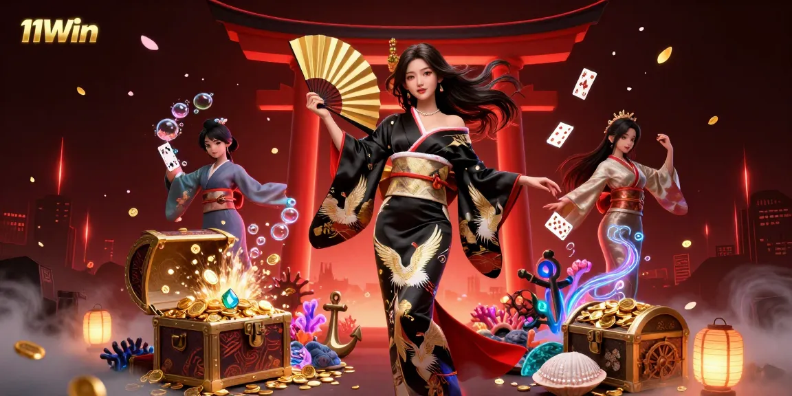 Experience dynamic gambling action with 11Win's beautiful illustration featuring card games and gold treasures.
