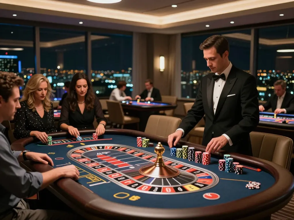 Xoso66 casino players engaged in a dynamic roulette game under elegant lighting